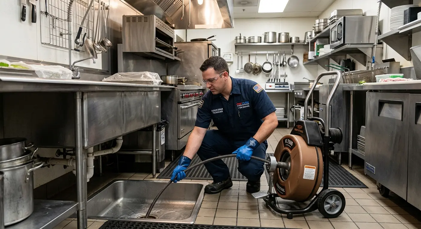 Commercial drain cleaning service in a restaurant kitchen in Laurel Hill