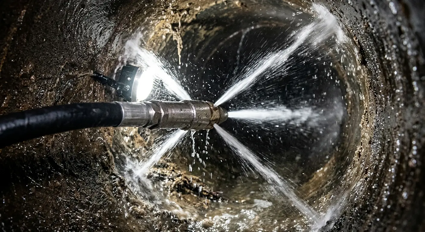 High-pressure hydro jetting nozzle cleaning sewer pipe for Sewer Cleanout in Laurel Hill