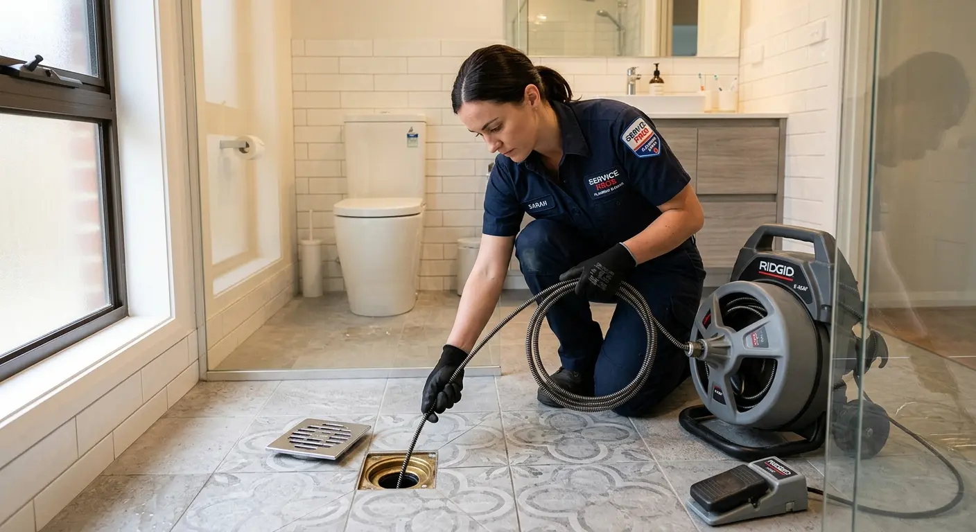 Technician clearing a bathroom floor drain for Drain Cleaning in Laurel Hill